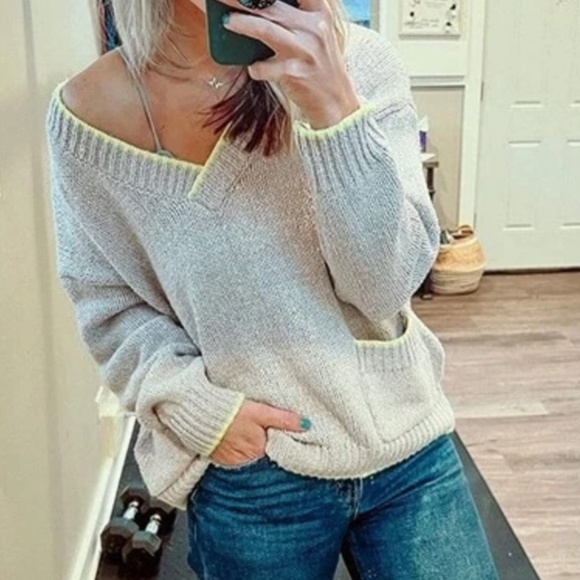 V Neck Color Block Slouchy Cozy Knit Sweater main image 1